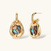 Gold-plated convertible hoop earrings with iridescent shell mosaic pendants, shown assembled and separated on cream background.
